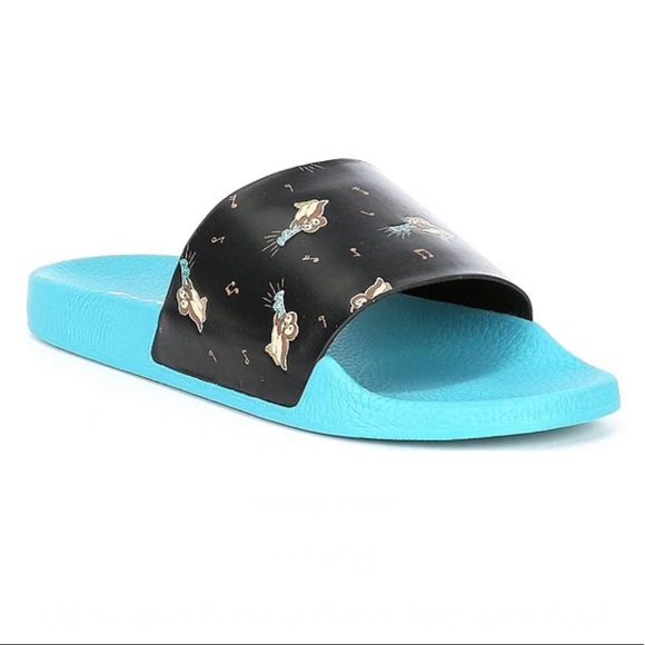 COACH Udele Bird Printed Slides Slip Ons Water Resistant Pool Beach Turquoise - Picture 2 of 10